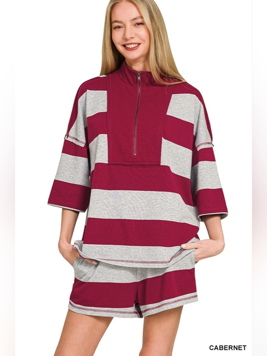 Zenana Frenchterry Striped Half Zip Top & Shorts Set - Picture 3 of 7